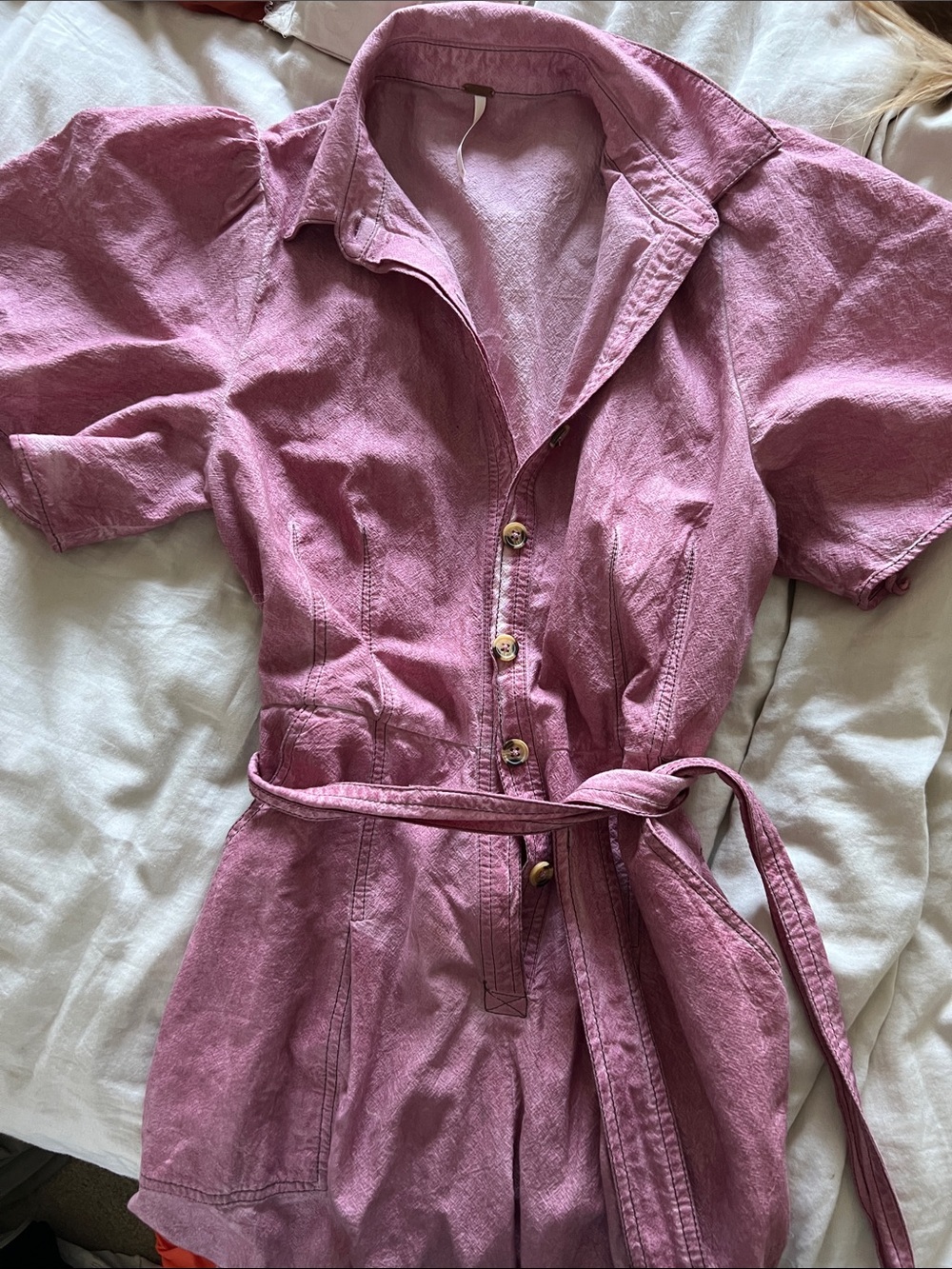 NWT Free People Pink/Rose Short-Sleeve Button Jumpsuit with Waist Tie